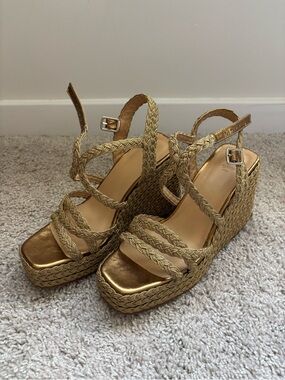 Castaner Gold Braided Platform Wedge Sandals